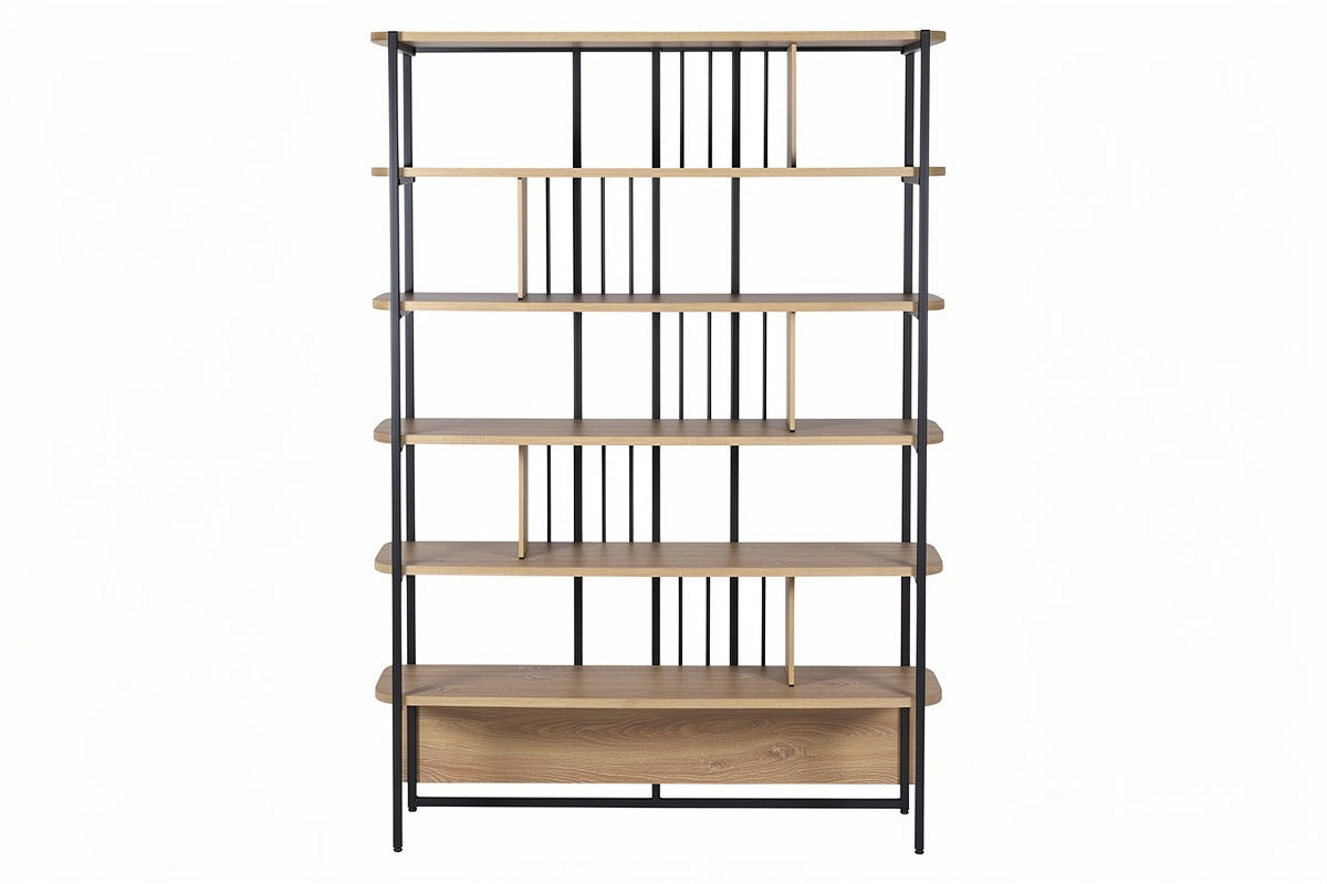**Technische titel in het Nederlands: Stijlvolle houten boekenplank met metalen dragers**