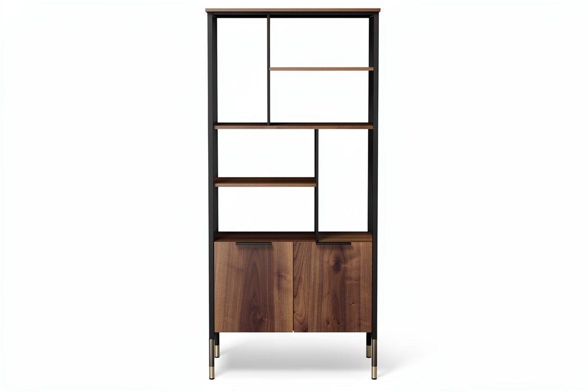 **Moderne houten boekenkast met open en gesloten compartimenten**