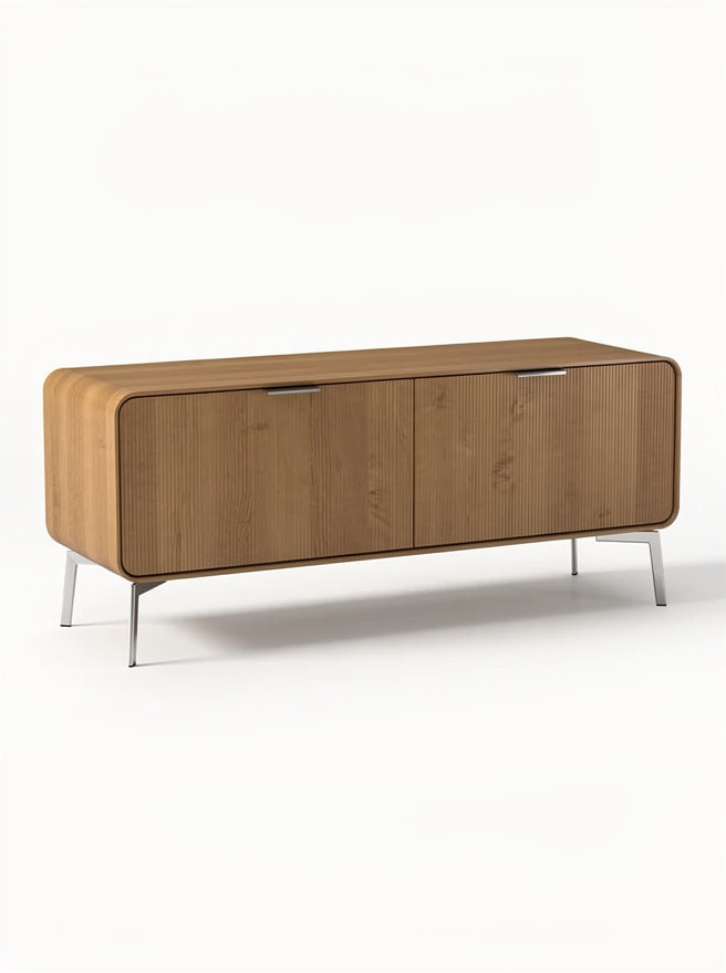 **Technische titel in het Nederlands: Modern houten dressoir met metalen poten**