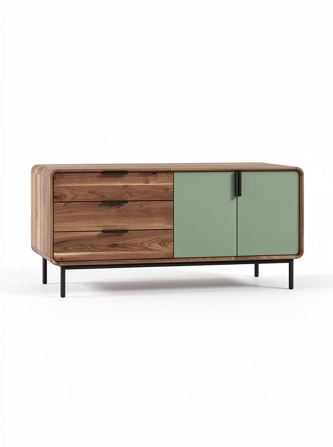 **Moderne dressoir met houten afwerking en groene deur**